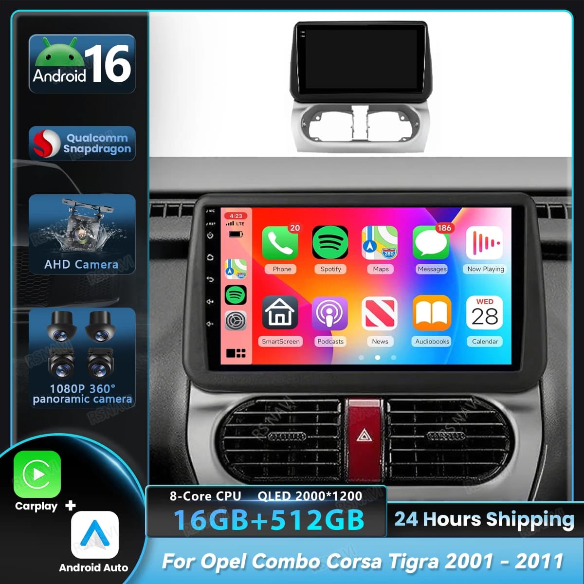 Autoradio Android 16 Player per Opel Combo Corsa Tigra 2001 2002 2003 - 2011 Carplay Auto Schermo 2K Multimedia Stereo