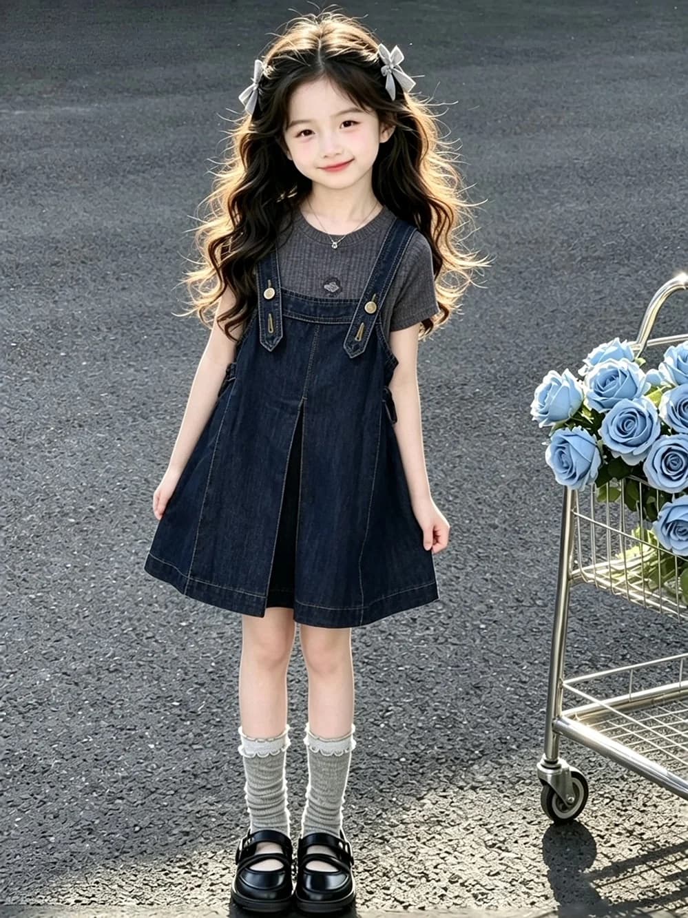 Girls Summer 2026 New Fashionable Cartoon Loose Thin Denim Vest And Skirt Set Children's Casual Sportswear round Neck Two-Pie...