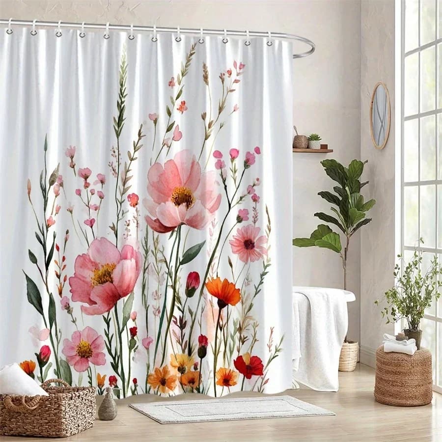 Tenda da doccia morbida rosa e rose di pesco - Papaveri vibranti, design con bouquet floreale ad acquerello, 12 ganci, arredamento da bagno moderno