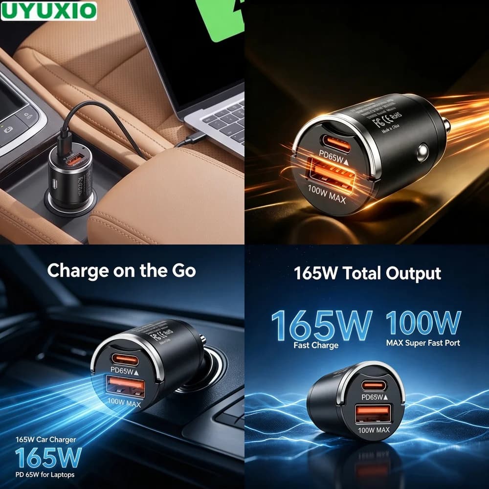 165W Travel Car Charger Low Profile Zinc Alloy Design with 65W USB C and 100W USB A Outputs for Business Travel and Commuting