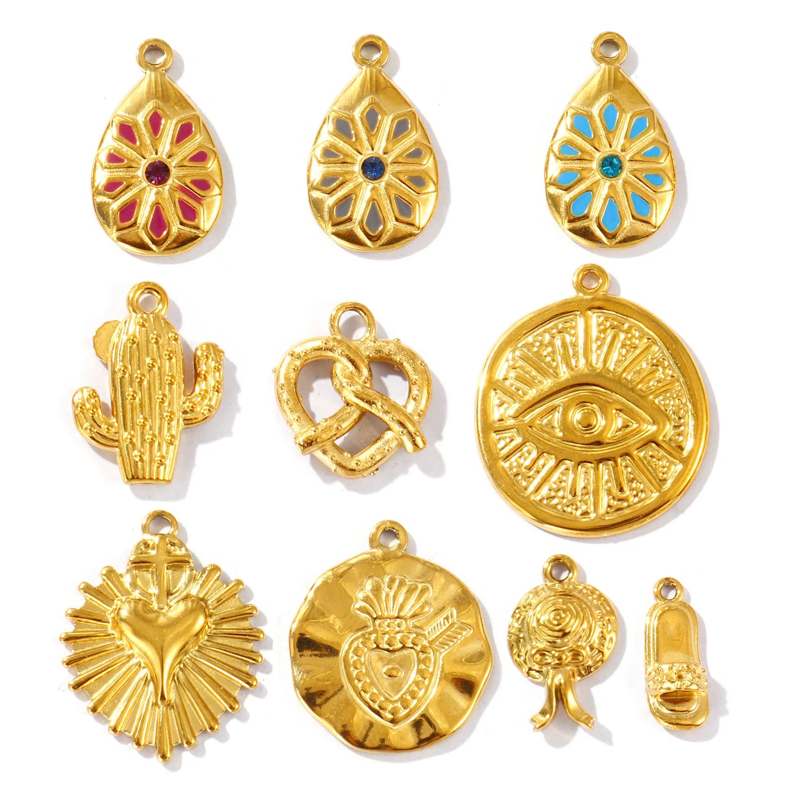 2 PCs 304 Stainless Steel Charms Round Eye of God Water Droplet Slippers Cactus 18K Gold Plated Pendant For Necklace DIY Making
