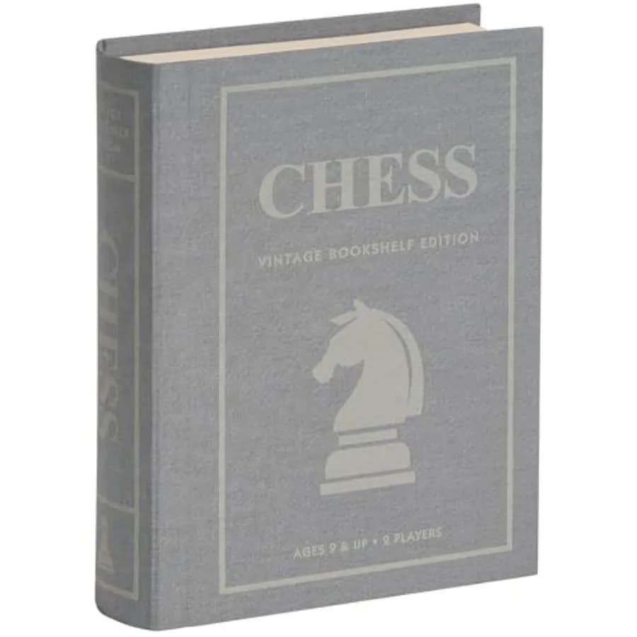 Chess Vintage Bookshelf Edition, Classic Strategy Game Set in Linen Wrapped Book Box and Slipcase - Full Size Folding Board, Wo