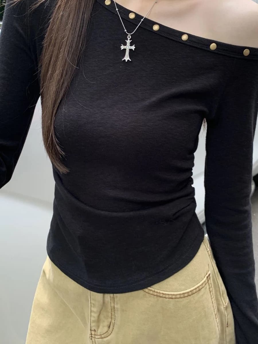 Chic Modal Shoulder Bared Long Sleeve T Shirt Women's Fashion Hong Kong Style Pleated Waist Cinched Base Top Trendy Rivet Design