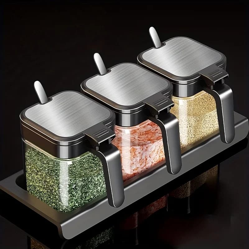 Barattoli di spezie in vetro con set di cucchiai Contenitori ermetici per condimenti da cucina da 4 pezzi