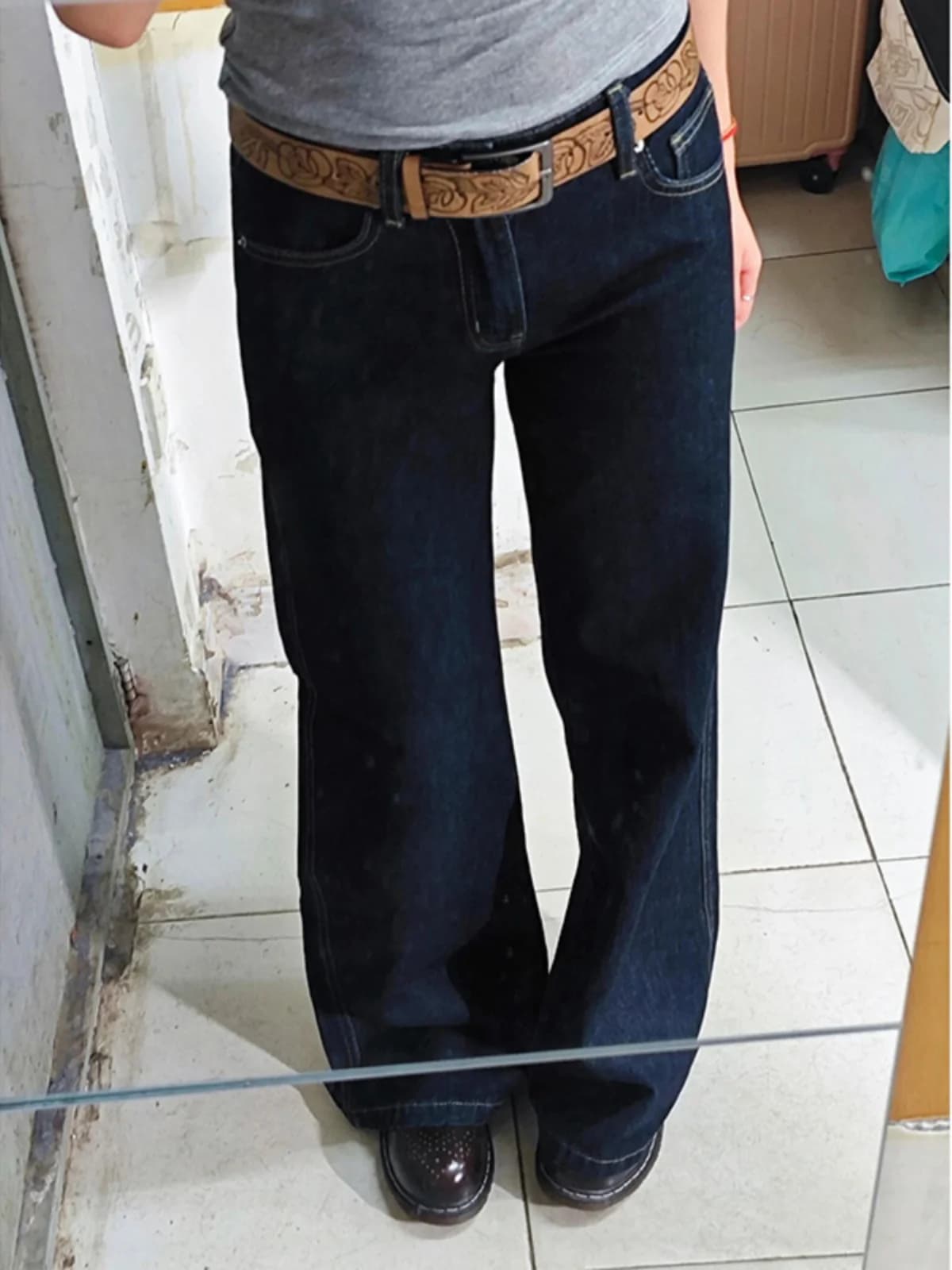 Jeans Originali a Vita Alta Sottili Micro Flared da Donna, Lunghi, Blu Scuro, per Autunno e Primavera