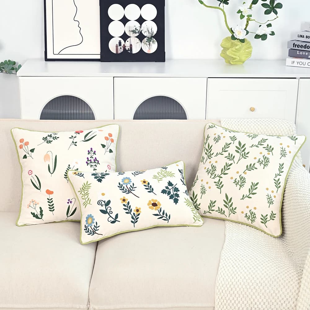 BUYNOW Fiori Piante Piatto Federa ricamata in stile coreano Pastorale Fresco Soggiorno Divano Fodera per cuscino Arredamento camera da letto di casa