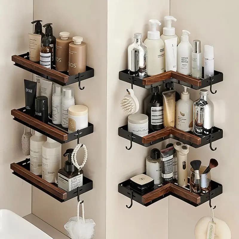 Organizzatore per mensola da bagno in noce, appendiabiti ad angolo adesivo, sopra lo stoccaggio del WC, mensola da doccia triangolare montata su specchio senza trapano