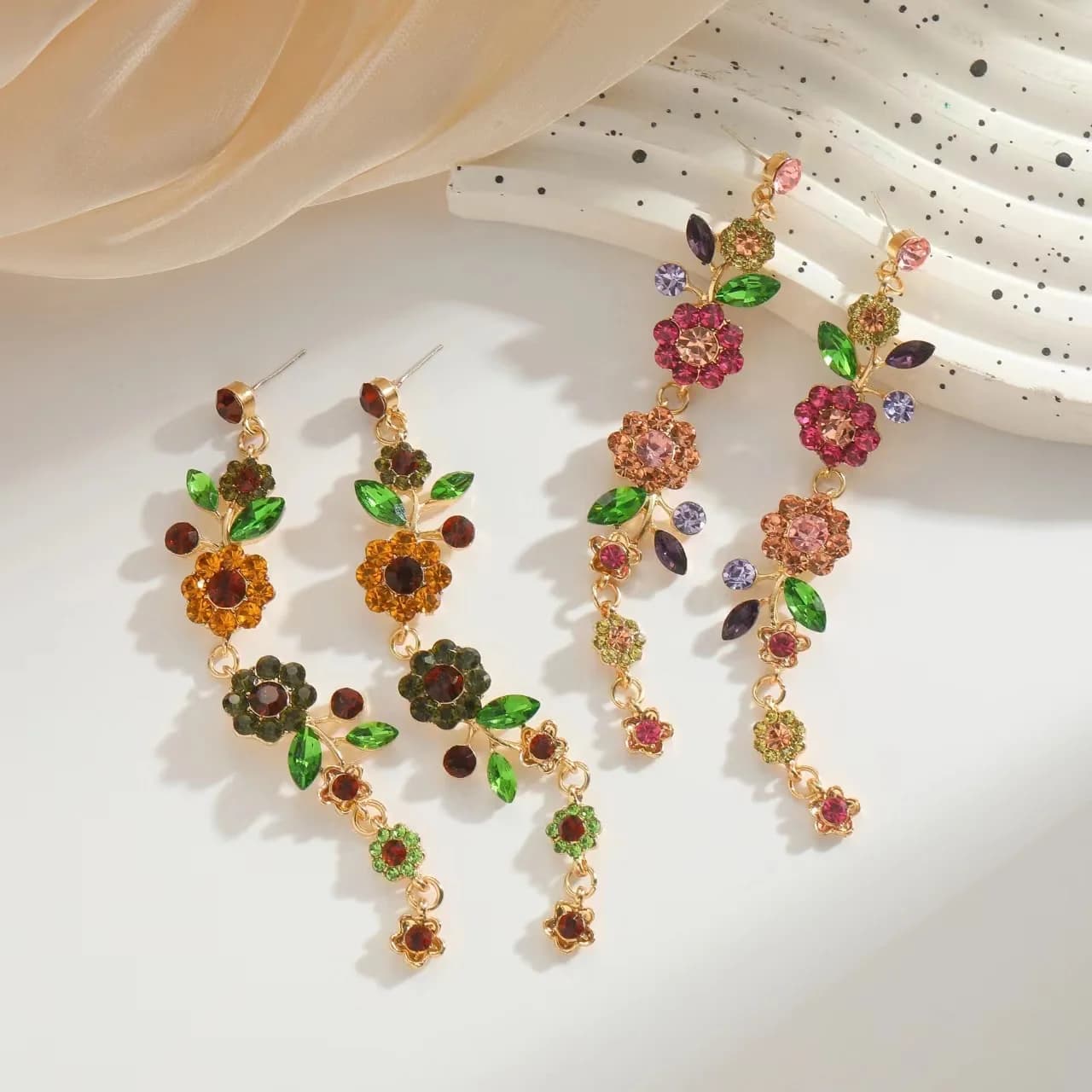 2 pairs/sliding multicolored red green zircons cubic jewelry long flower earrings woman pendants