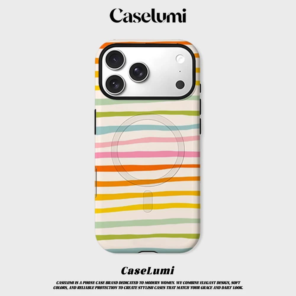 Cover CaseLumi Opaca Antiurto per iPhone 17 16 15 14 Plus Pro Max con Bumper per MagSafe, Rigida in PC, con Strisce Ondulate Arcobaleno Brillanti