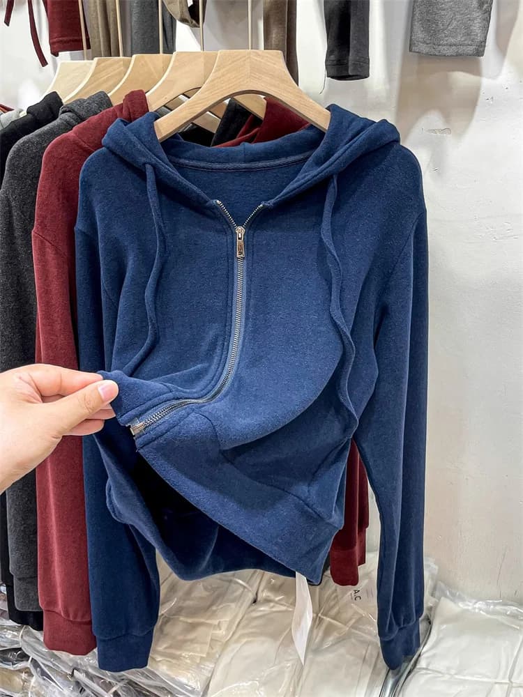Double-Sided Fleece Hoodie Jacket Women's Autumn Winter Loose Casual Hooded Sweatshirt Thickened Long Sleeve Top Zipper
