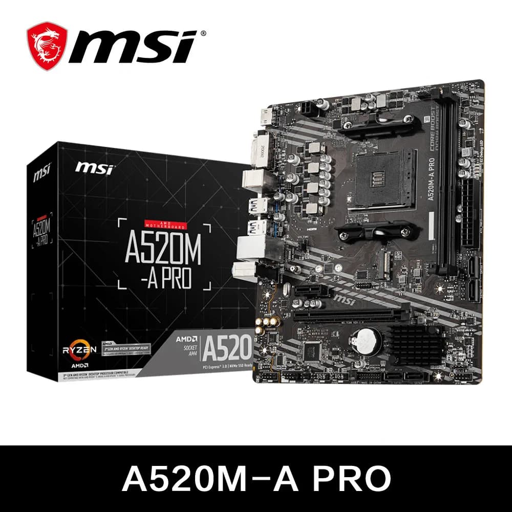 Support motherboard MSI AMD A520M-A PRO Ryzen CPU R3 R5 R7 motherboard series 5000 and 3000 AM4 M.2 NVME DDR4 double channel Completely new