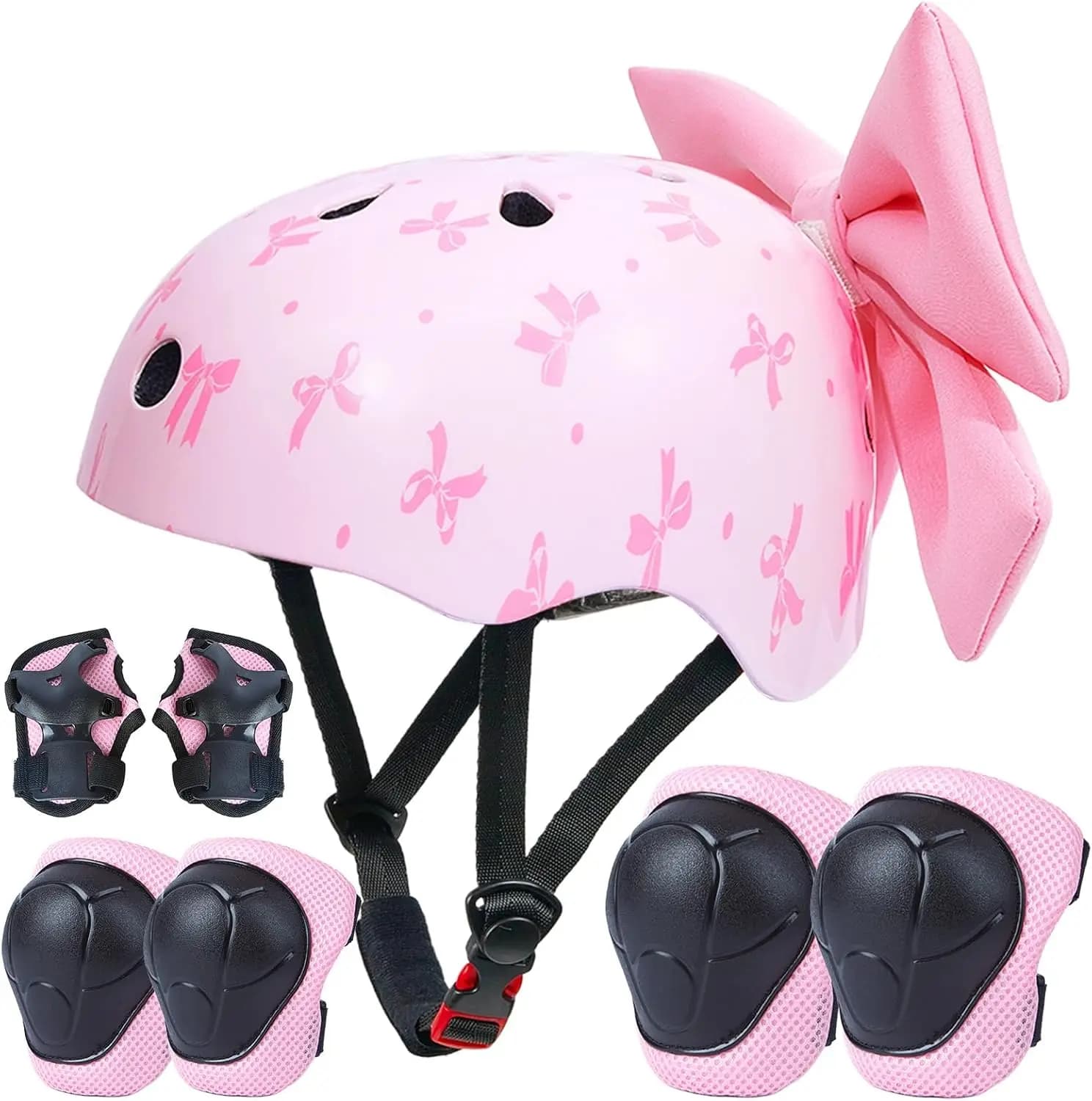Casco per Bambini con Set di Protezioni per Ginocchia e Gomiti, Casco da Bici Regolabile per Ragazze 8-14 Anni, Fiocco Fai-da-Te, per Monopattino e Skateboard