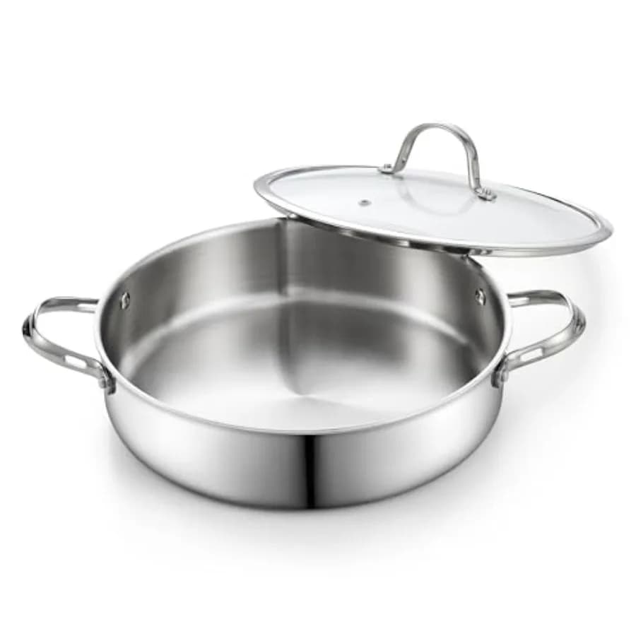 Padella Profonda Multistrato in Acciaio Inox da 5,5 Quarti, Padella da 12 Pollici, Grande Padella con Coperchio, Pentola da Chef per Cottura a Induzione