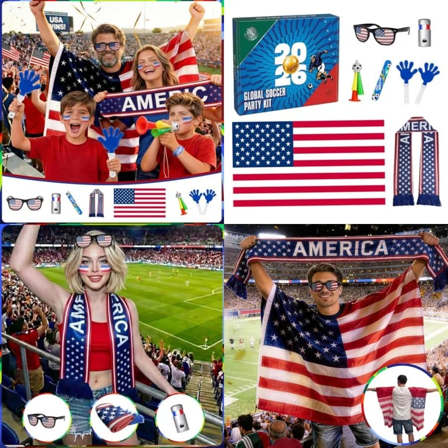 Set di Articoli per Tifosi di Calcio per il Torneo Mondiale 2026, Kit per Feste a Tema Calcio USA con Bandiera, Sciarpa, Vernice per il Viso, Clapper, Cornamusa e Occhiali