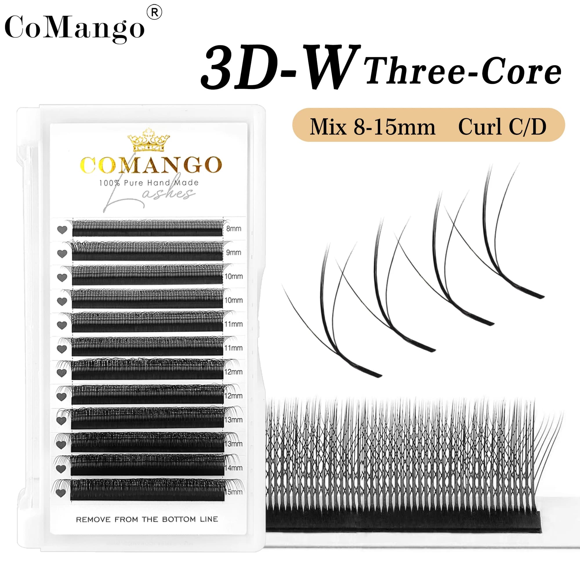 CoMango Extension 3D Eyelashes W with three wires, C/D curvature, W-shaped preformed vents, soft and natural 3D fake eyelashes W with black tips.