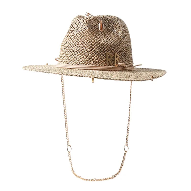 Cappello da sole in paglia Panama a tesa larga UPF50+ Cappello da spiaggia pieghevole a contrasto blu scuro e beige Sottogola regolabile da donna estivo