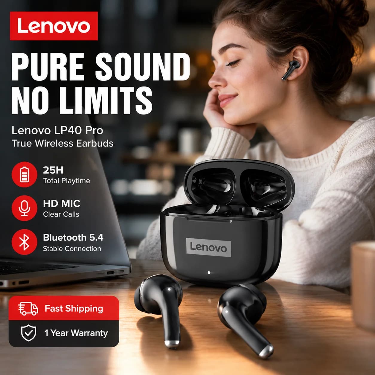 Lenovo LP40 Pro Wireless Headphones Bluetooth 5.4 TWS HiFi Stereo Earphones Gaming Sports Touch Control HD Call with Mic Earbuds