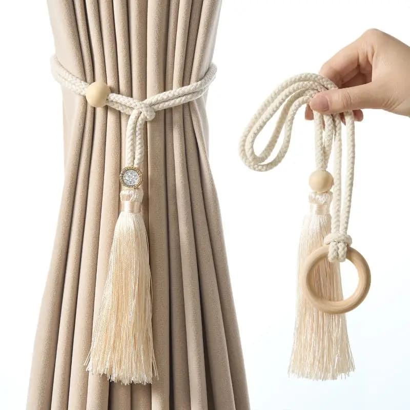 2 Pezzi Fermacurtain in Corda di Cotone Regolabile Stile Bohemien Chic - Intrecciato a Mano, Cinghia con Fibbia per Tende