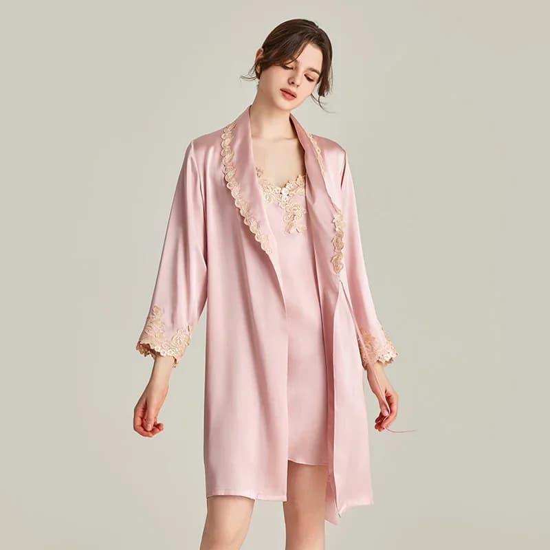 Abito sottoveste in seta di gelso 100% stile francese Abito da notte Set Accappatoio con risvolto in pizzo con camicia da notte a fionda divisa Pigiama