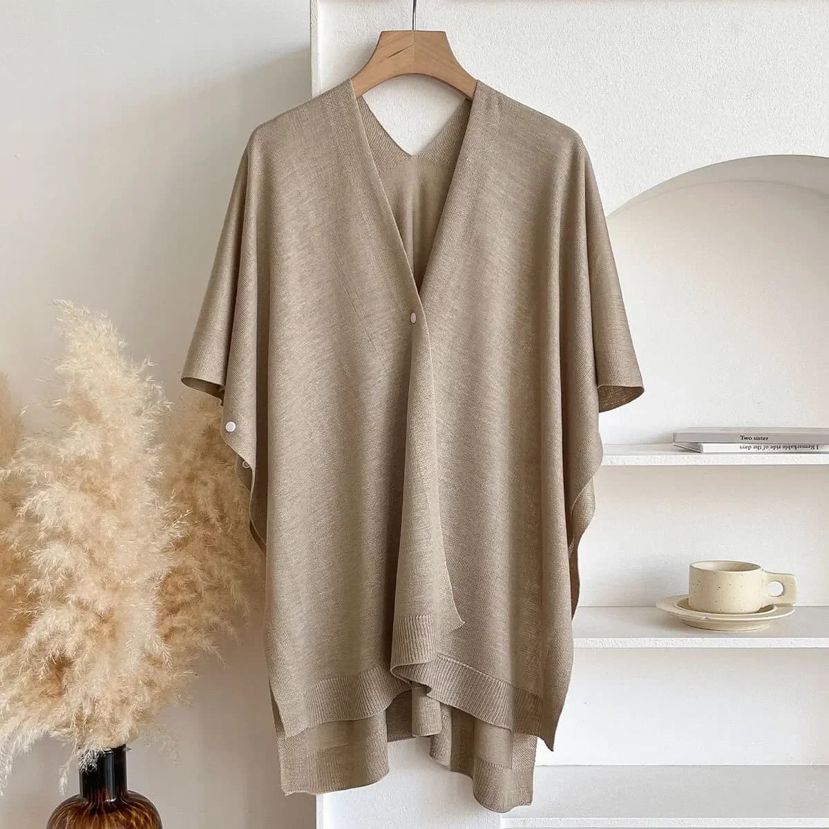 Women's latest knitted mantle with V-neck Solid Color Shawl with a simple soft fashion button and slim coat for female sun protection
