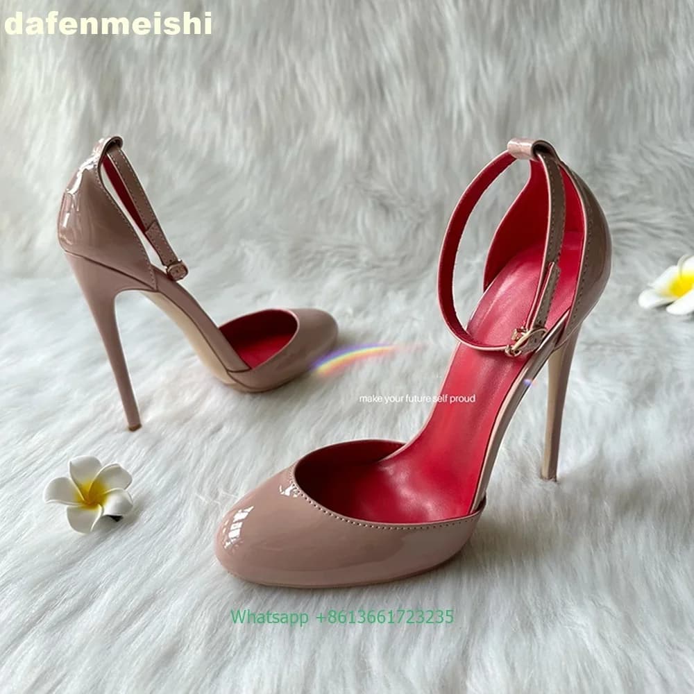2026 Fashion New Women Pumps Sexy Thin High Heel Round Toe Shallow Ankle Strap Sandals Patent Leather 10Cm/12Cm Solid Color Shoe