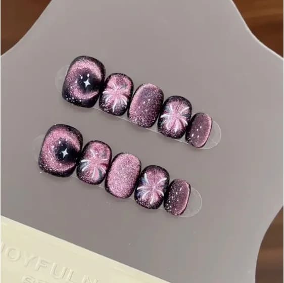 10 pieces purple short round head print on fake nails with dazzling eye of shiny cat set of simple nail tips for fine artistic detachable nails