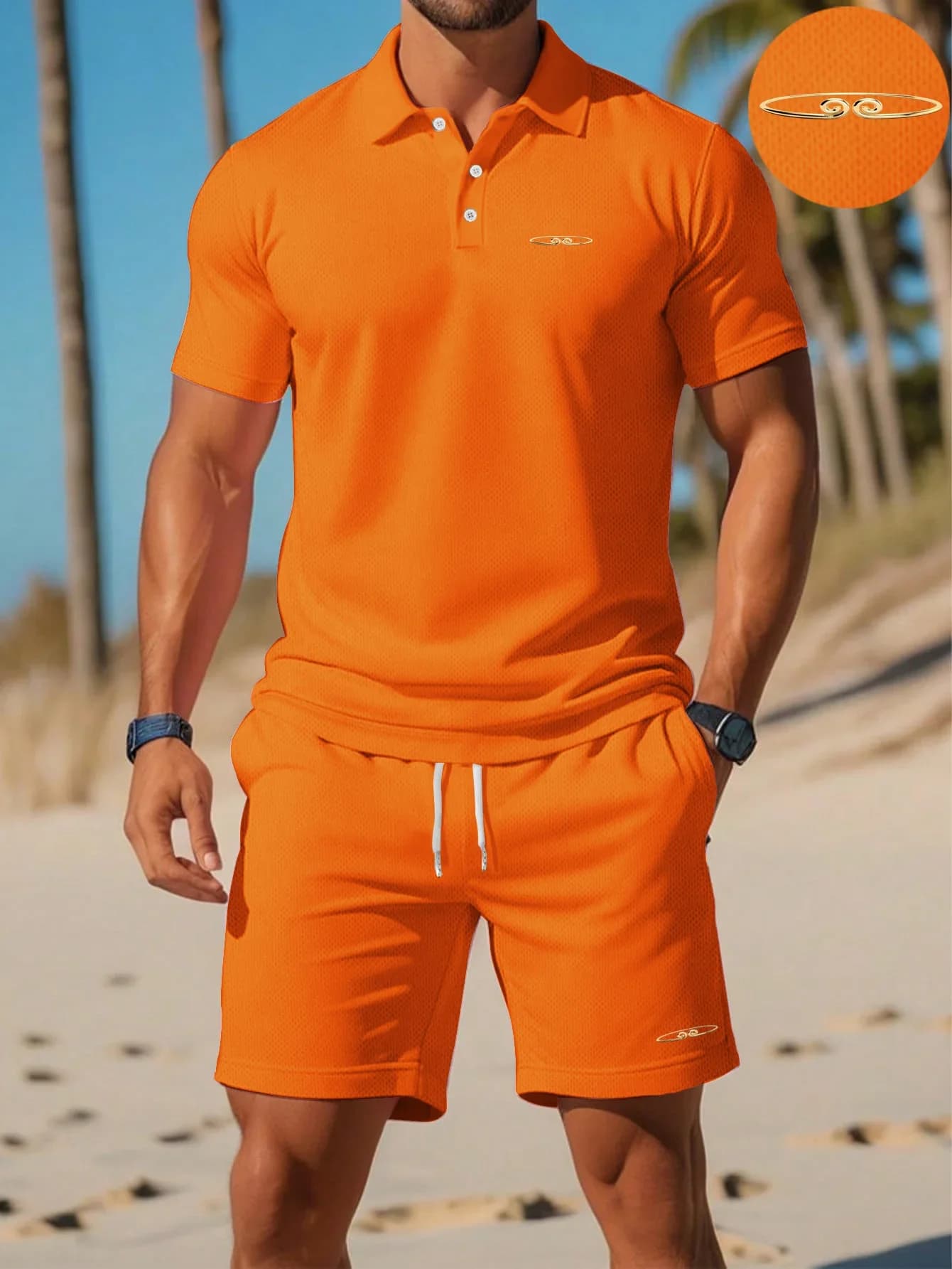 Men's Orange Mesh Gold Badge Printed Polo Shirt and Shorts Two-piece Quick Drying Casual Sportswear Set