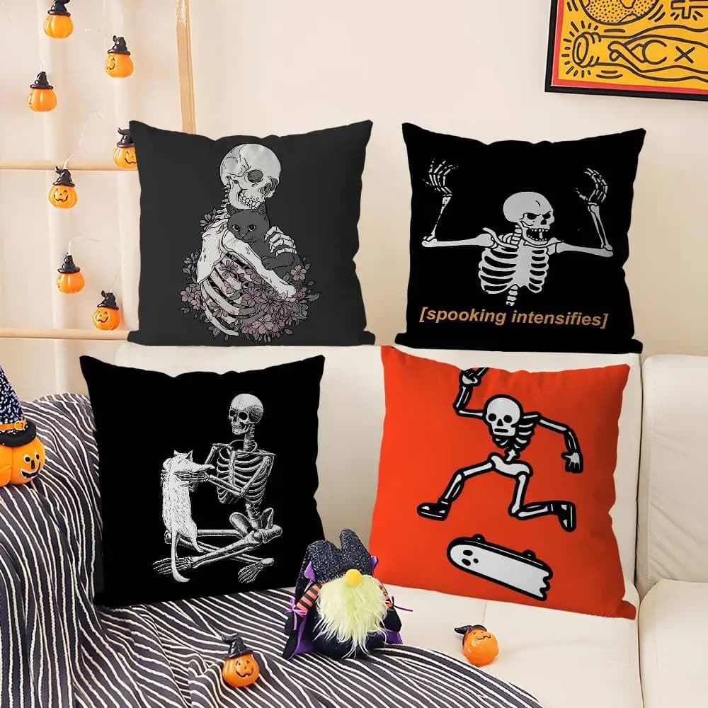 Creepy Skeleton Cat Halloween Pillow Case Short plush Double-sided Print Square Throw Pillow Covers Sofa Home Cushion Decor