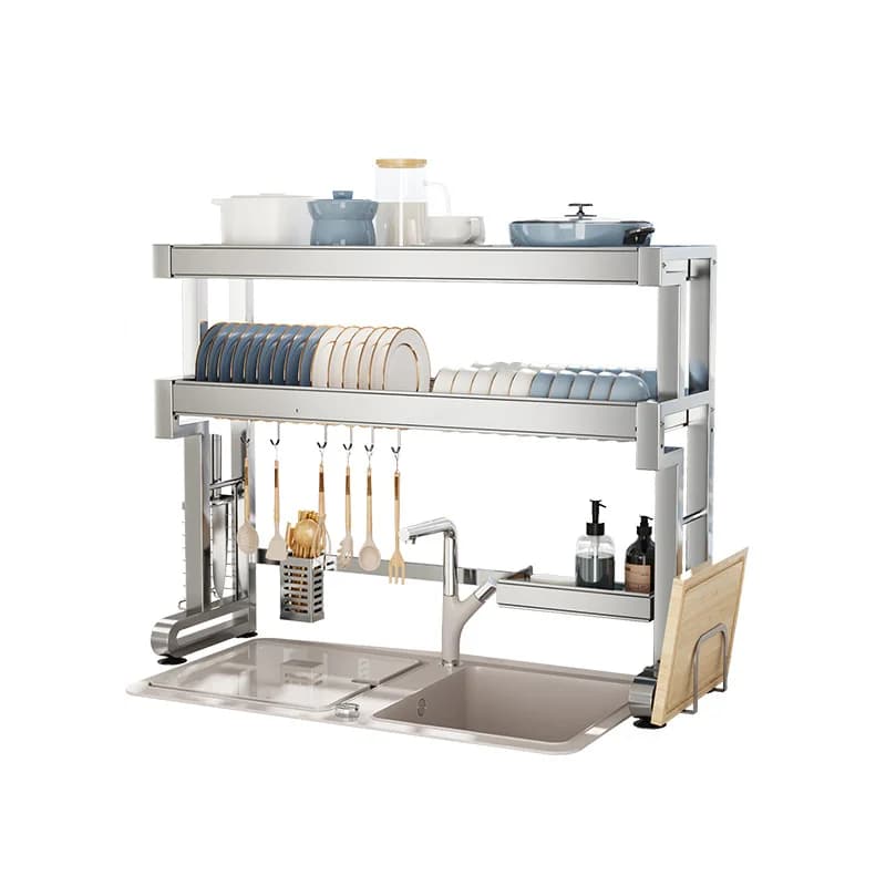 Scaffale per Lavello in Acciaio Inox 304, Portaoggetti Multifunzionale per Cucina, Scolapiatti Retrattile, Organizzatore per Ciotole