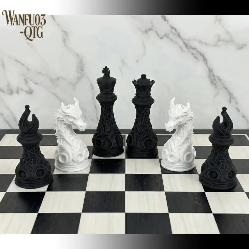 Hot Sale 32Pcs Black White Dragon Pattern 3D Printed Gothic Revival Chess Set Sci fi Woven Art Tabletop Decoration Ornament