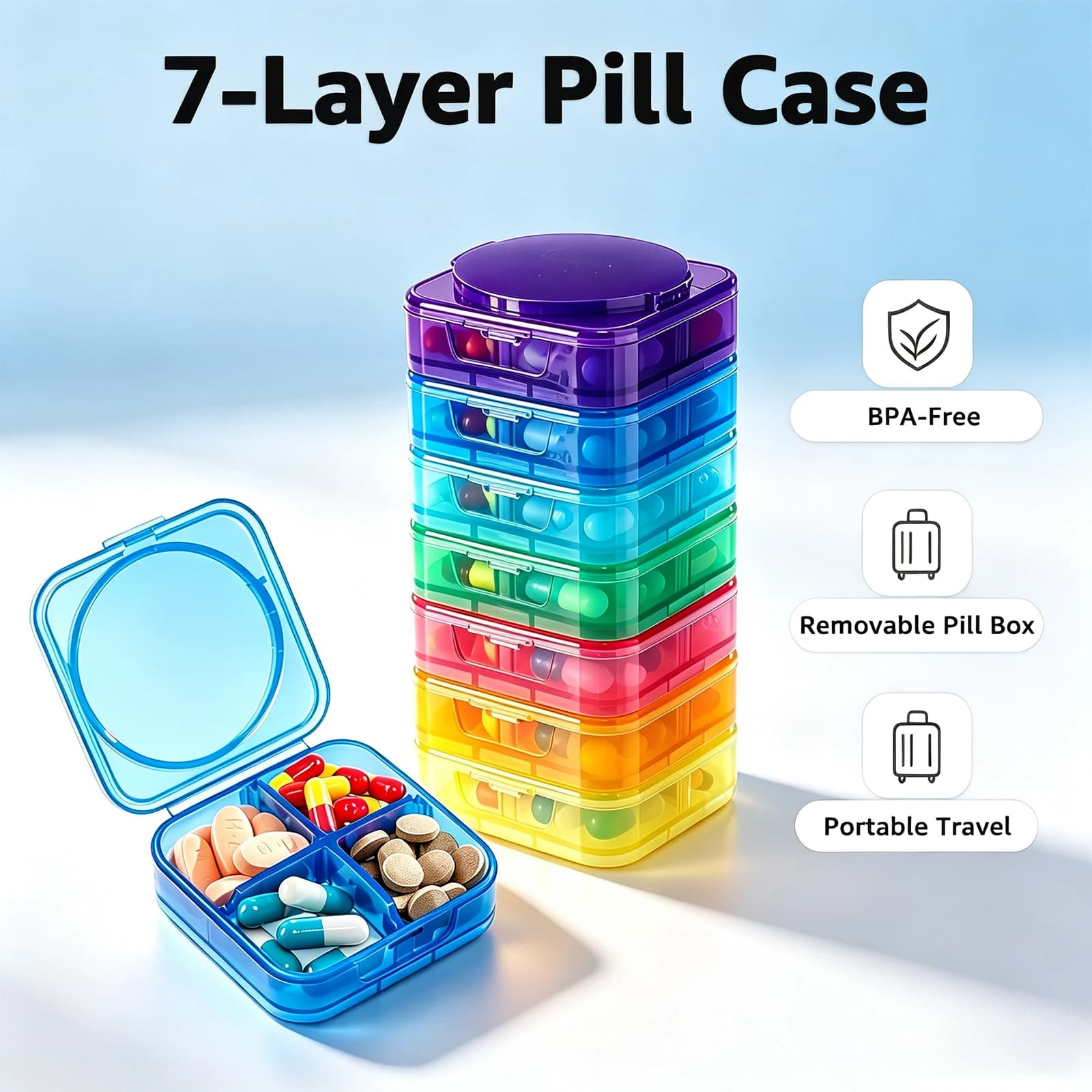 7-Layer Pill Case Portable Travel Pill Organizer for Vitamins Supplements Medicine Holder Food-Grade PP Materials Pill Box