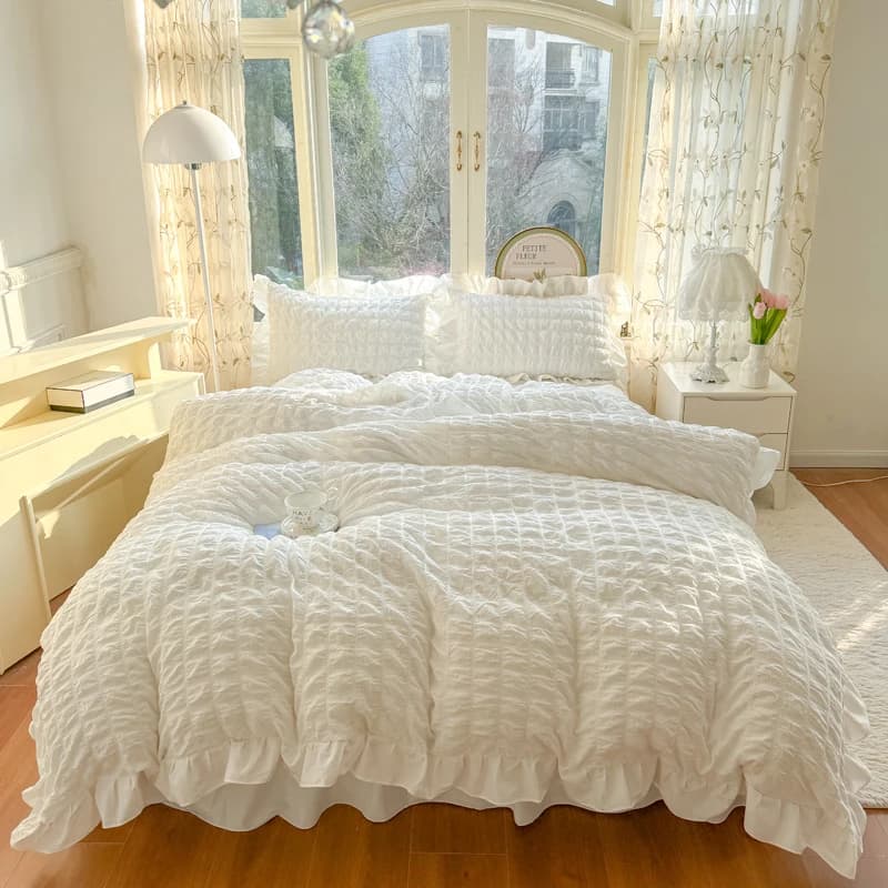 Set di biancheria da letto in stile principessa coreana con volant in pizzo, set copripiumino in seersucker morbido e delicato sulla pelle, lenzuolo o copriletto, federe