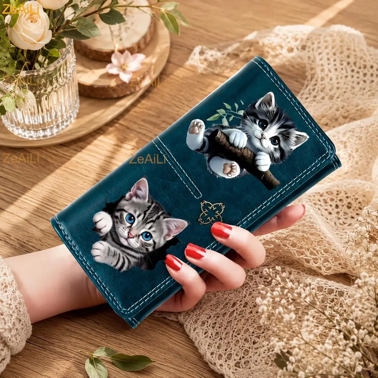 Gray Tabby Kitten With Bright Blue Eye Cat Hugs a Tree Branch PU Wallet Long Purses for Cards Holder Wallets Ladies Handbags