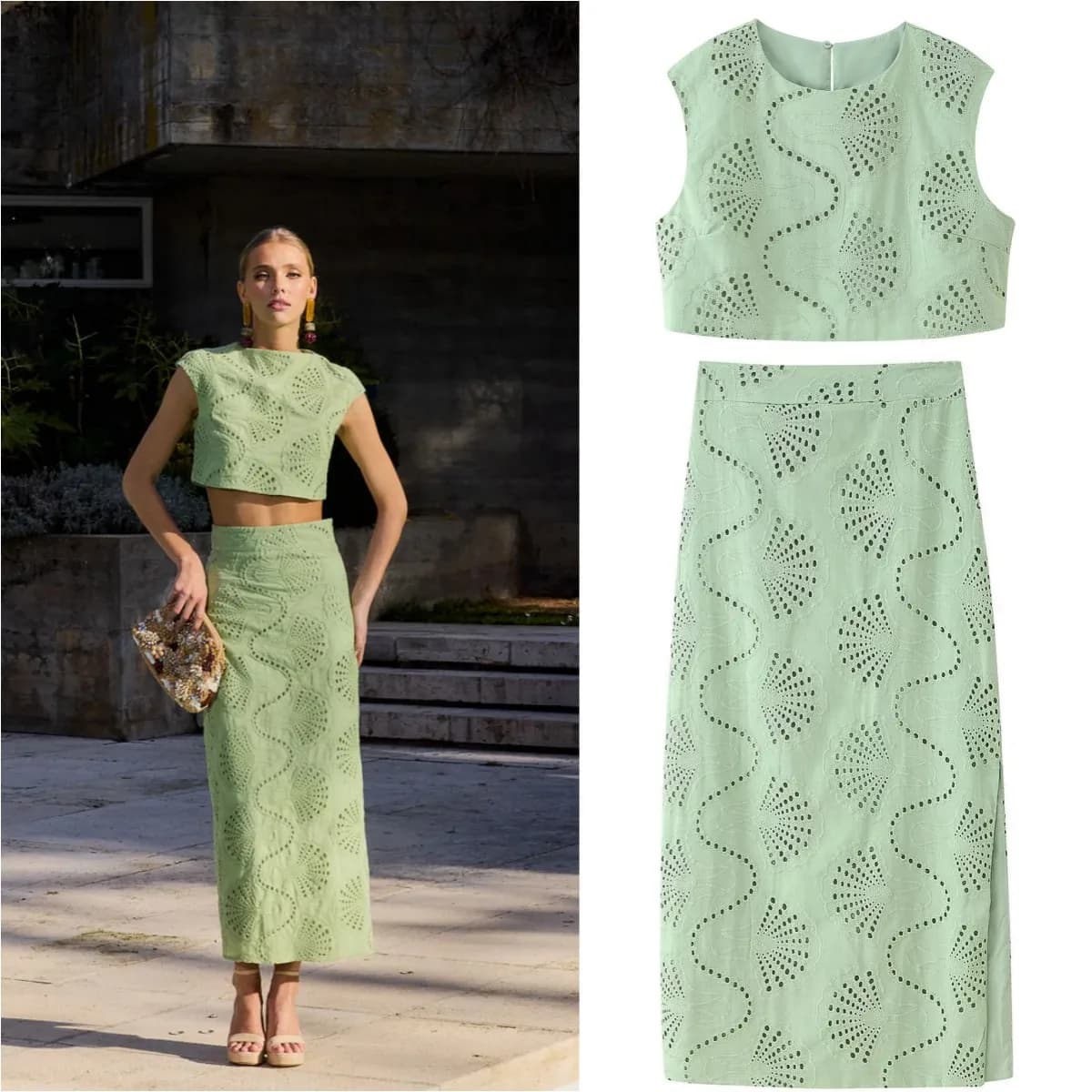 ETJ 2025 nuova giacca da donna elegante e delicata con ricamo cavo girocollo e gonna a fessura a vita alta, abito casual alla moda