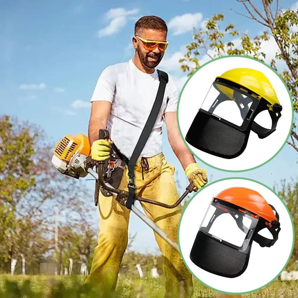 Safety helmet for garden cleaner with mesh protective mask for forest protection and timber processing