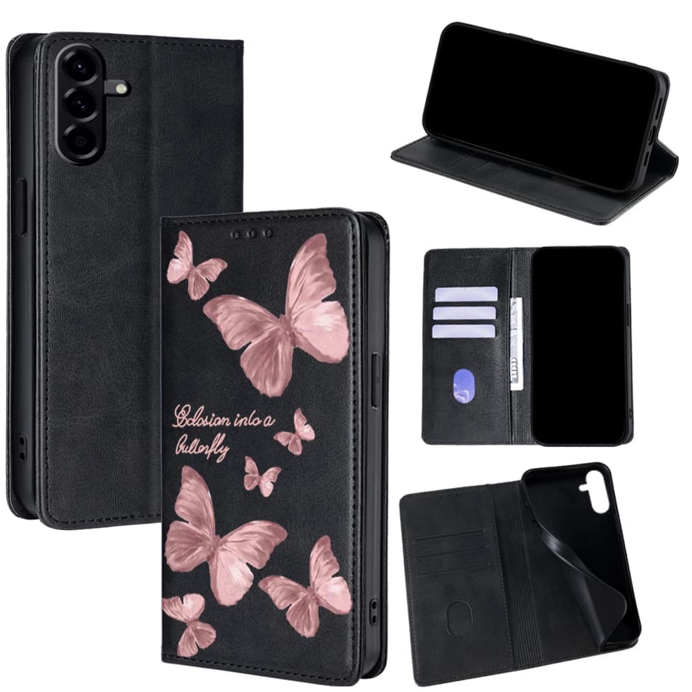 Leather case with pink butterfly pattern for Samsung Galaxy A17 A07 A36 A26 S25 Ultra S25 FE S24 S23 S22 Plus Vibration Wallet Case
