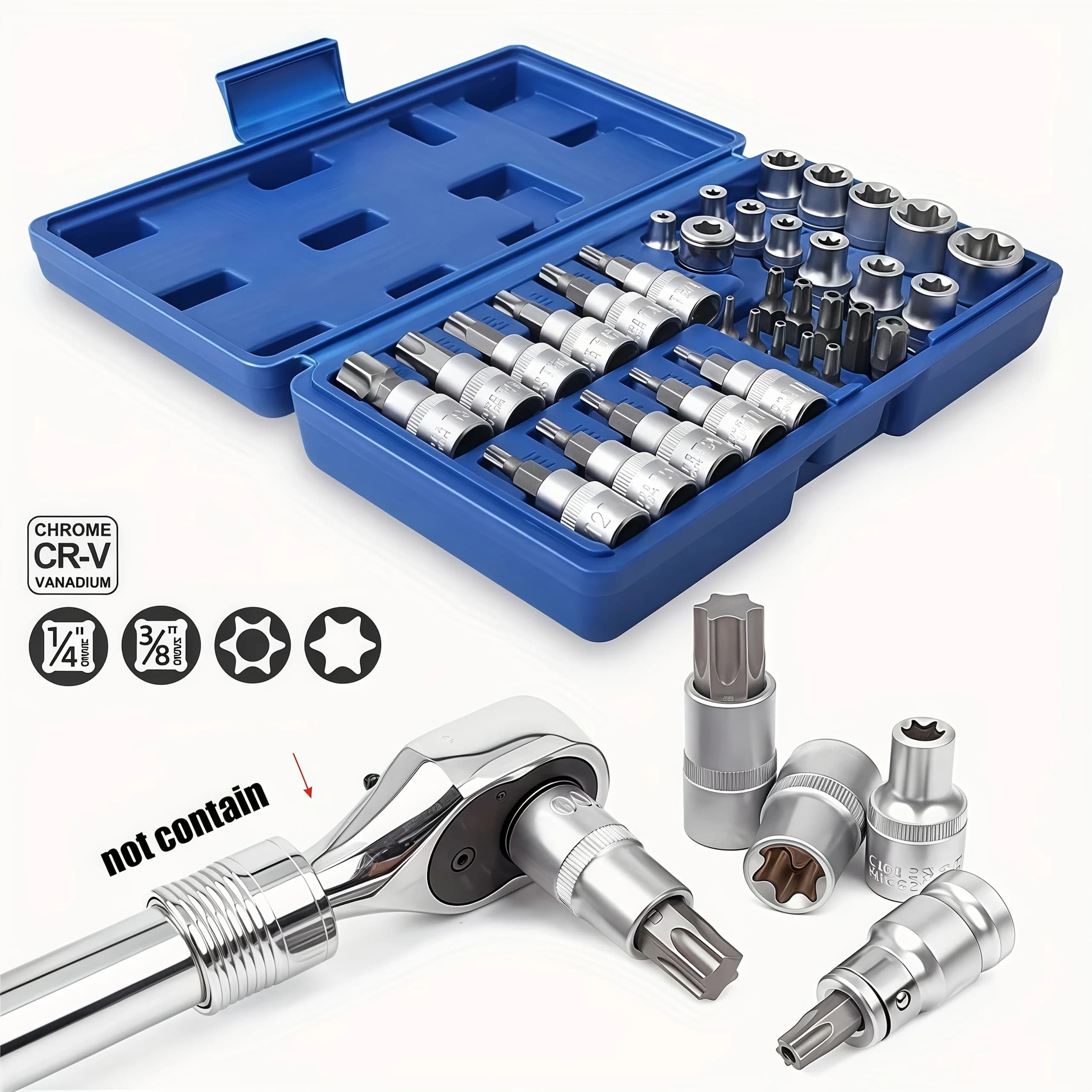 Set of 34 Torx inserts and E-Torx star inserts, 1/4", 3/8", 1/2", E-Torx male and female safety inserts, manual tool