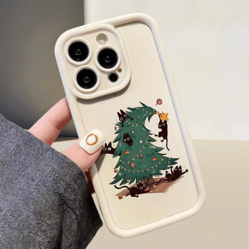 Custodia per telefono con design gatto nero e albero di Natale adatta per iPhone 17 16 15 14 13 12 11 Pro/Max/Plus Anti goccia e antiurto