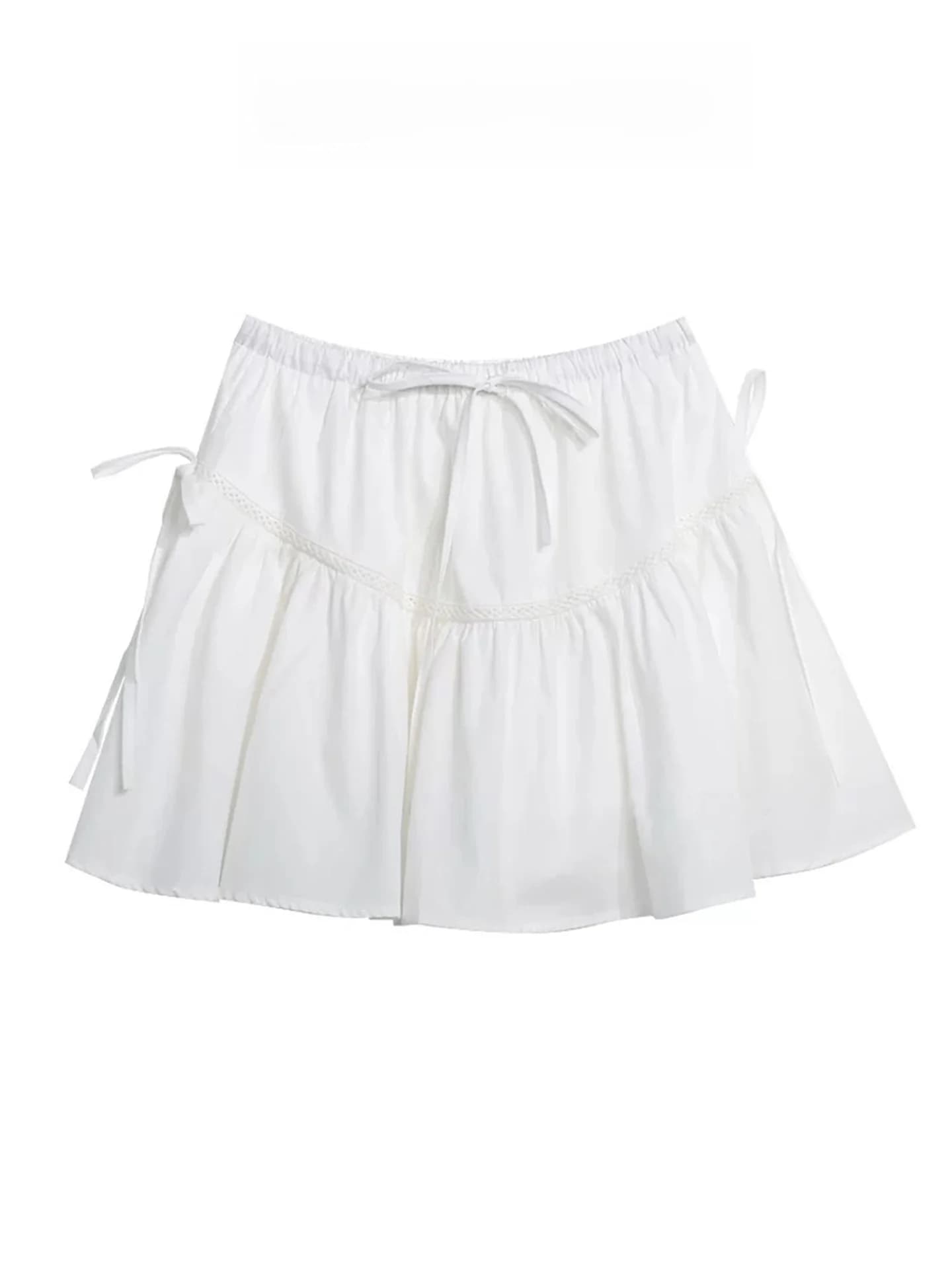 Gonna corta bianca a vita alta da donna, modello A-line, con nodo e cintura, effetto nuvola, primavera estate