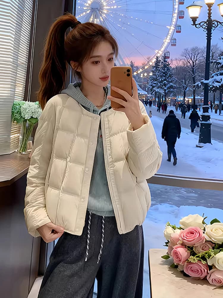 Warm Short Puffer Jacket Women's Cotton down Coat round Neck Lightweight Winter Outerwear Korean Style Loose Fit Long Sleeve