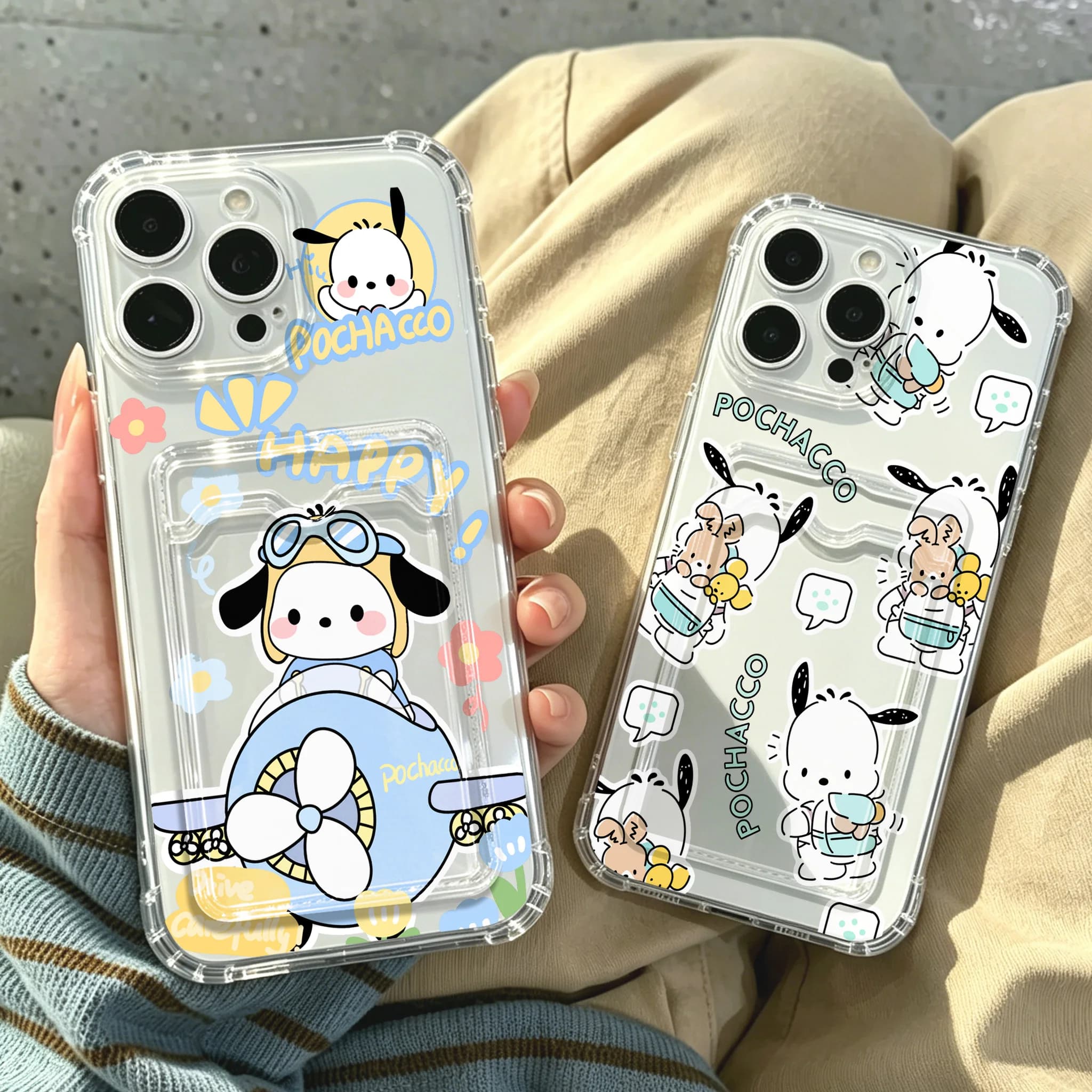 Cute Pochaccos Card Hold Case For iPhone 17e 17 16e 16 15 14 13 12 11 Mini Pro Max X XR XSMax 7 8 Air Plus Anti-fall Clear Cover