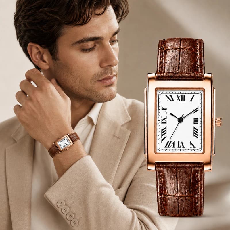 Business Men Analog Quartz Watch Retro Square Roman Numeral Dial Leather Band Wristwatch Fashion Dress Male Clock Reloj Hombre