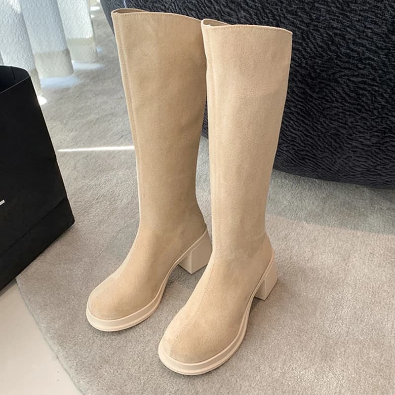 Stivali alti da donna Tacchi alti in pelle scamosciata Stivali da neve caldi in peluche corti robusti Stivali lunghi da donna invernali 2025 Moda elegante Femme Botas