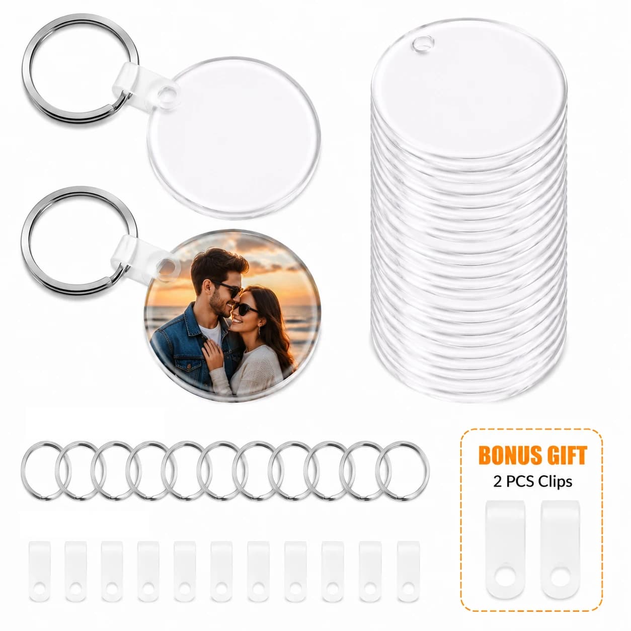 10Pcs Sublimation Blank Round Keychains Set with Key Rings & Tabs, DIY Heat Transfer Blanks for Photo Crafts, Bonus 2Pcs Extra C