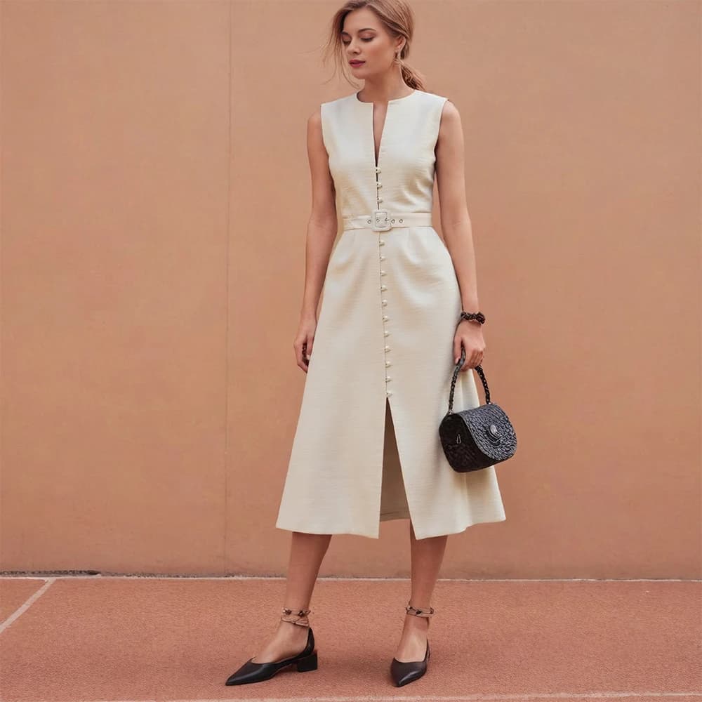 Abito da donna monopetto con canotta, orlo diviso, girocollo, tasche, minimalista, casual, boho, abito longuette a trapezio, abito estivo senza maniche
