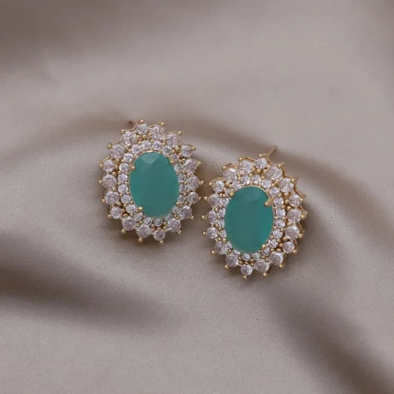Orecchini ovali con zirconi verdi placcati in oro 14 carati, eleganti accessori da festa per donna, gioielli di moda dal nuovo design francese