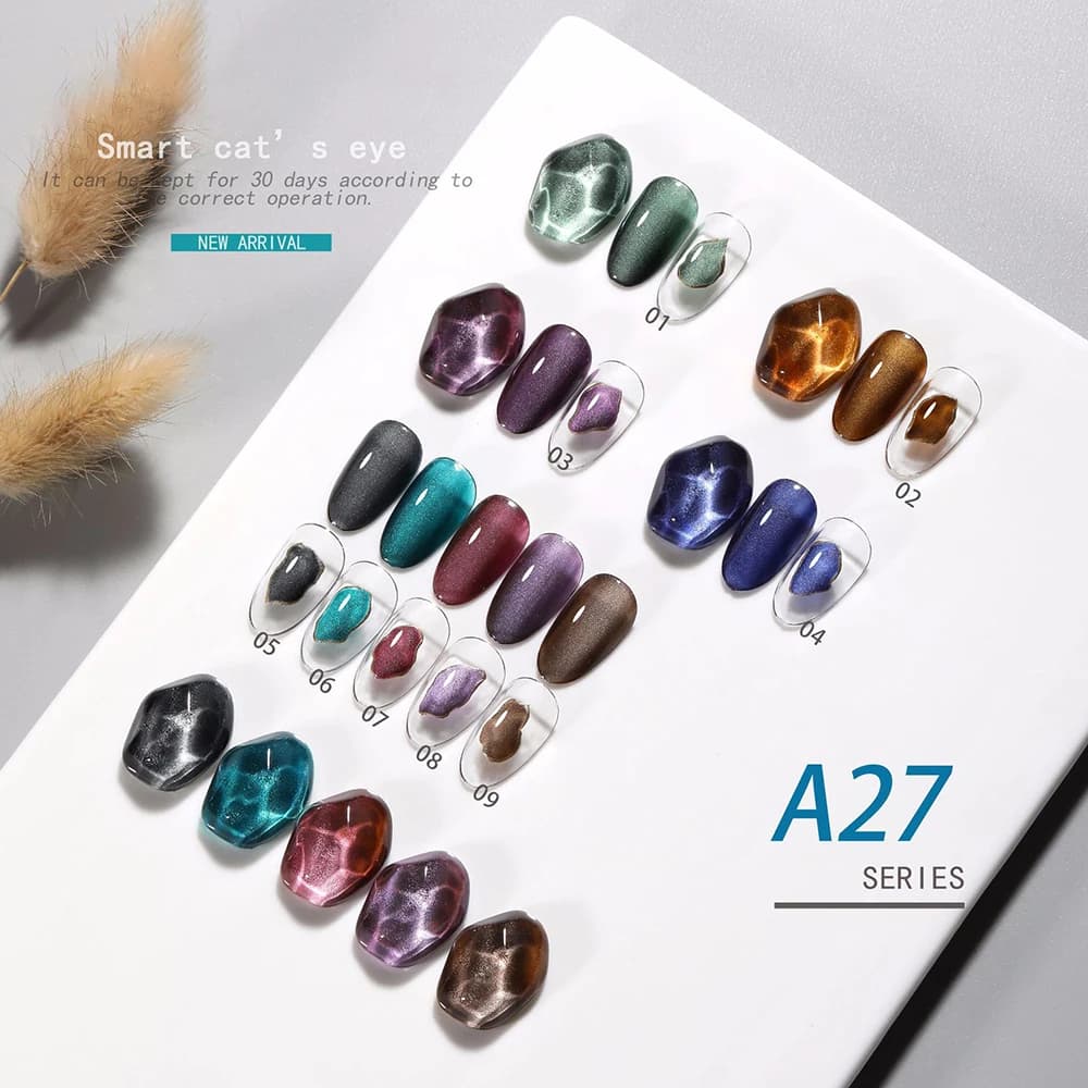 Vendeeni 9 Colors Black Jade Crystal Cat Eye Gel Nail Polish VU LED Soak Off Glitter Magnetic Manicure Cat Eye Gel Nail Varnish