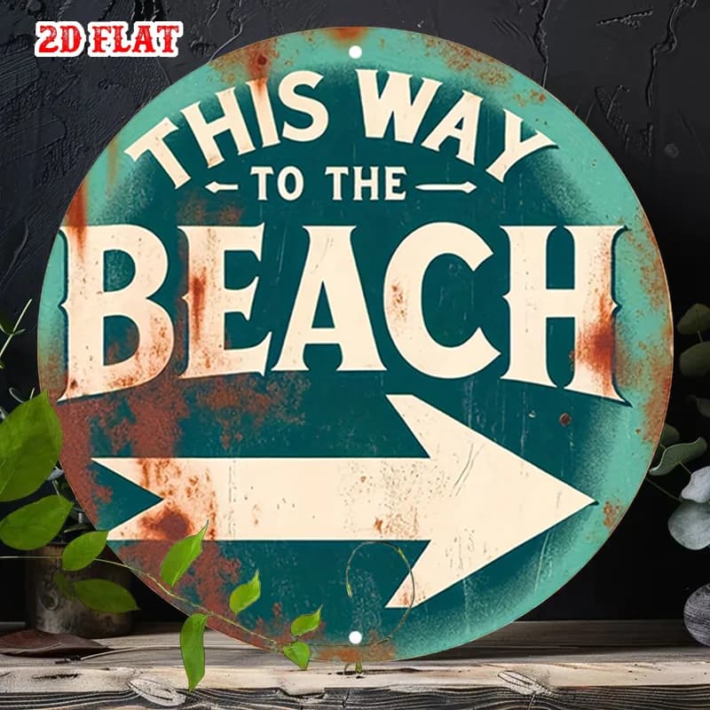 2D Flat 1pc Beach Metal Sign, Arrow Sign Round Sign, Travel Adventure 7.8X7.8Round Sign - Weathered Look Rustic Metal Wall Art
