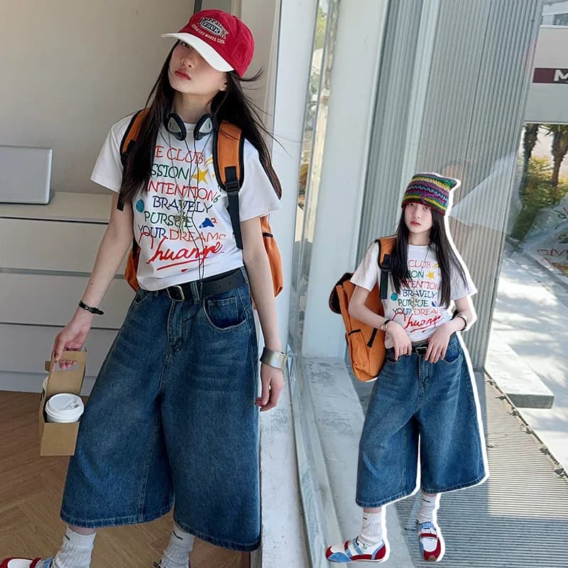 estate ragazze adolescenti pantaloncini di jeans cotone Lettera T-shirt junior bambini pantaloni al ginocchio vestiti per bambini abiti 4-6-7-14 abbigliamento per ragazza