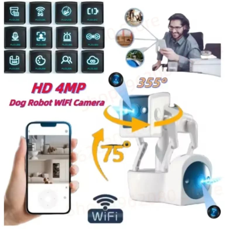 Doppia telecamera HD 4MP Wifi 355 ° Videocamere IP antifurto con protezione di sicurezza per visione notturna a colori per casa intelligente con robot vocale bidirezionale